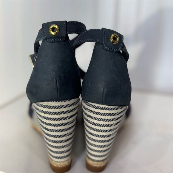 Sperry Top-Sider 9.5 Navy Tan Espadrille Wedge Sandals Striped Nautical Summer - Picture 2 of 6